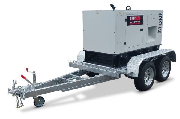 Genmac Stone G30YS silenced Diesel generator 33kva with 100L fuel tank, mounted on tandem axlebraked trailer
