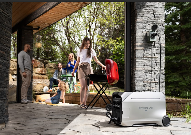 FIRST72 emergency power lineup displaying an EcoFlow DELTA PRO 3 high-capacity battery generator next to a girl