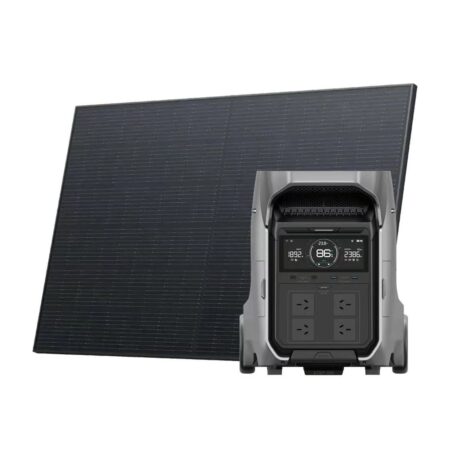 DELTA PRO 3 battery station wired to two rigid 400 W solar panels set up on ground racks, illustrating a fuel-free emergency power system for remote recovery.