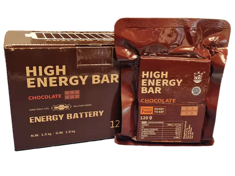 Compact 12-pack of High Energy Emergency Ration Bars in waterproof chocolate-flavoured packaging
